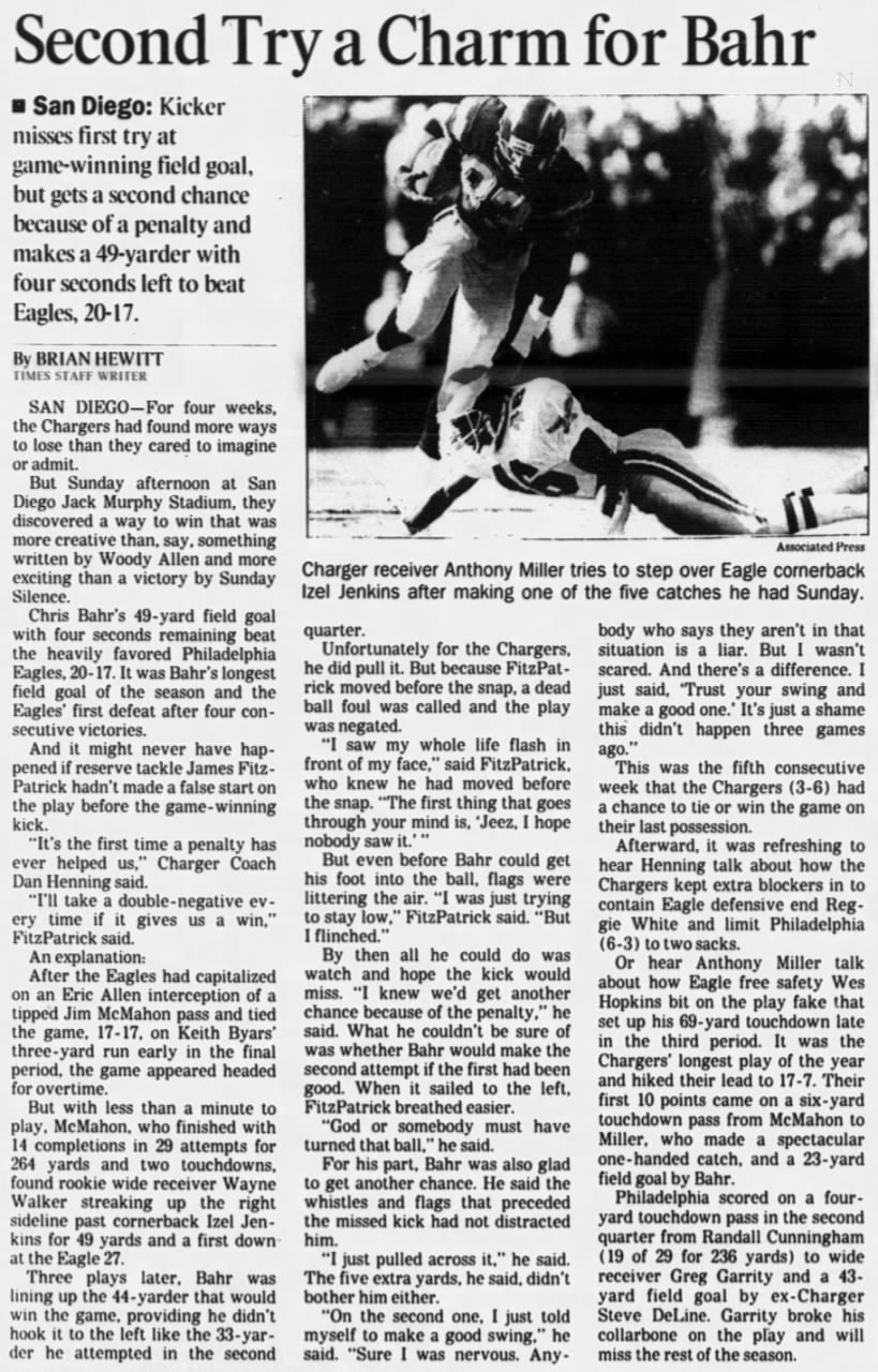 Chargers 20-17 Eagles, 6 Nov 1989