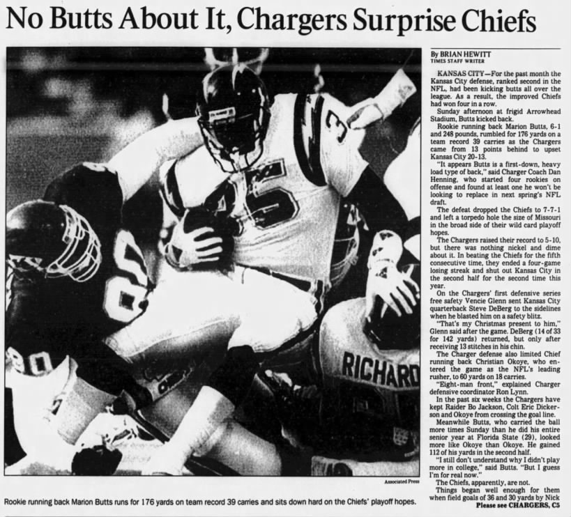 Chargers 20-13 Chiefs, 18 Dec 1989