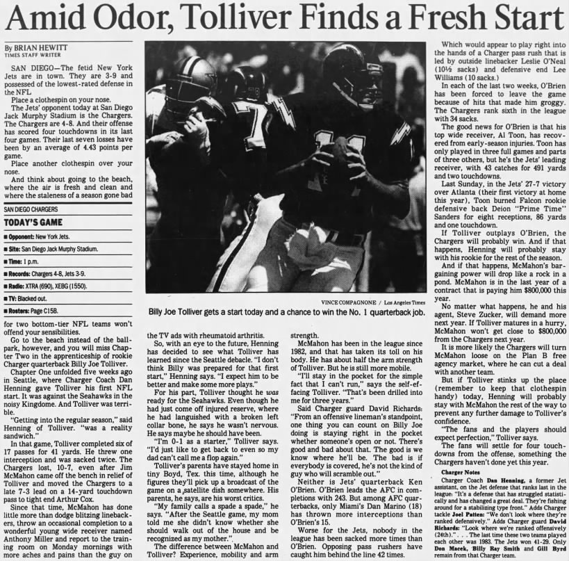 Tolliver starts, 3 Dec 1989
