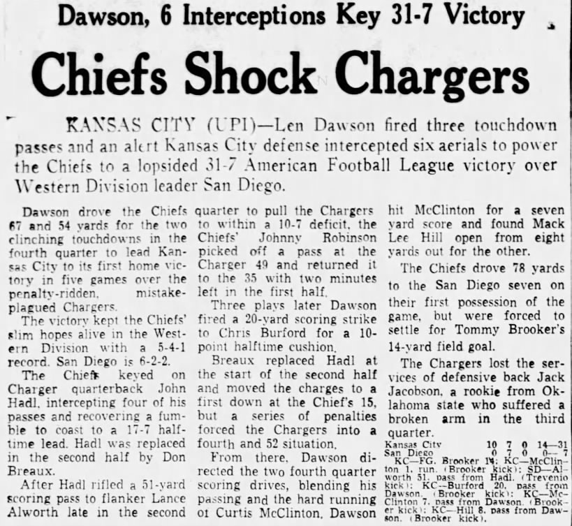 Chargers 7-31 Chiefs, 15 Nov 1965