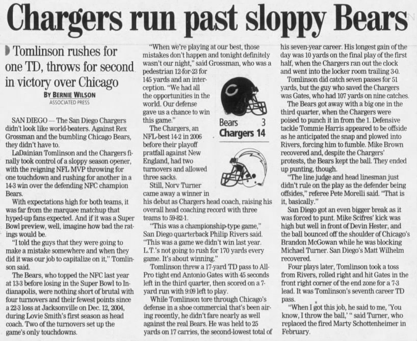 Chargers 14-3 Bears