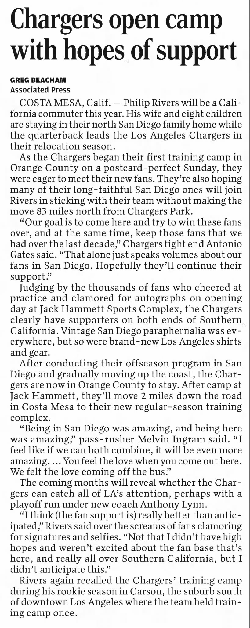 Chargers move, 31 July 2017