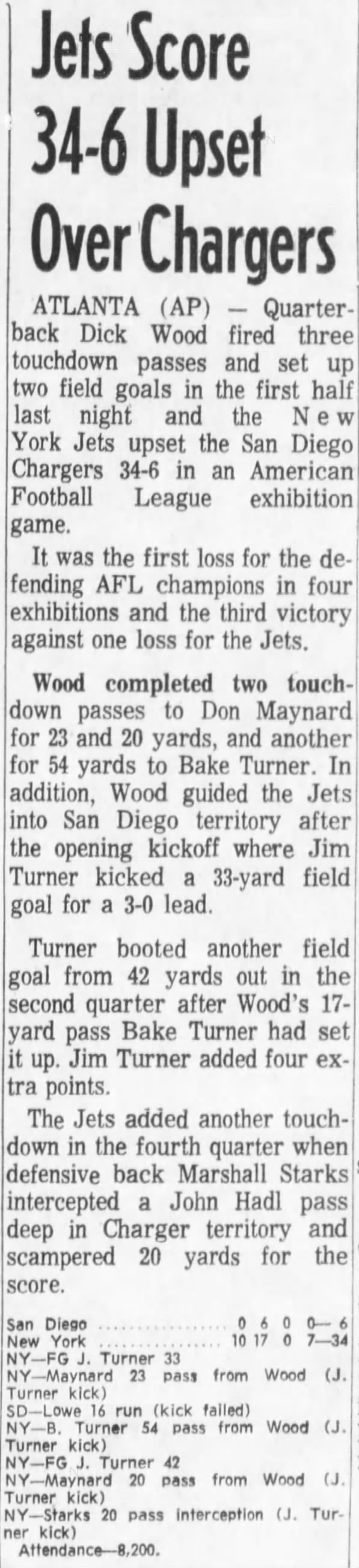 Chargers 6-34 Jets, 30 Aug 1964