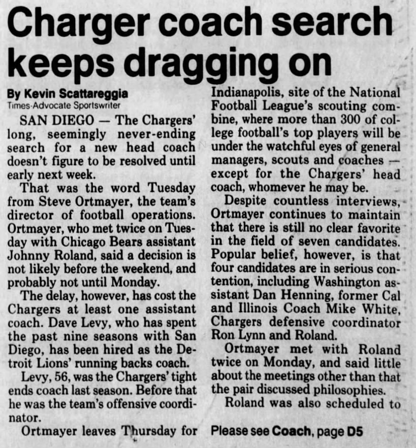Coaching search, 1 Feb 1989