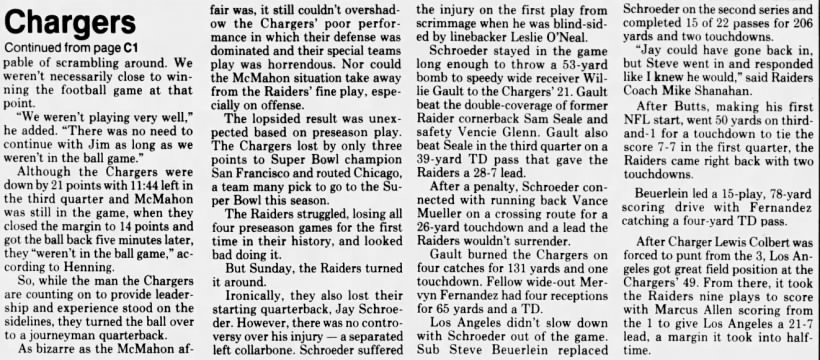 Chargers 14-40 Raiders II; 11 Sep 1989
