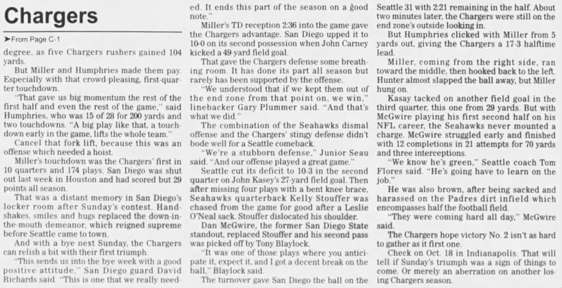 Chargers 17-6 Seahawks, 5 Oct 1992