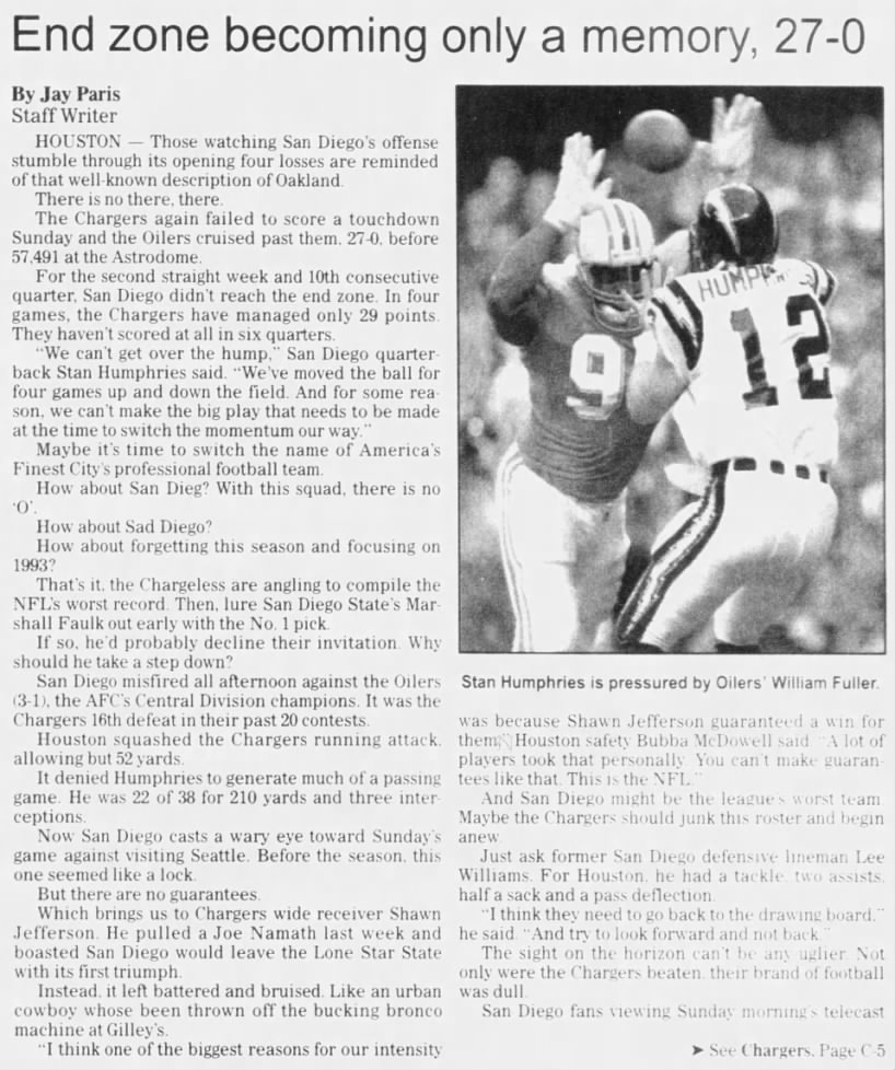 Chargers 0-27 Oilers, 28 Sep 1992