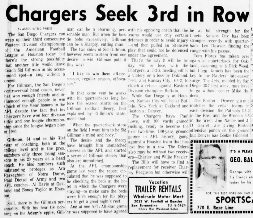 Chargers to clinch, 12 Dec 1965