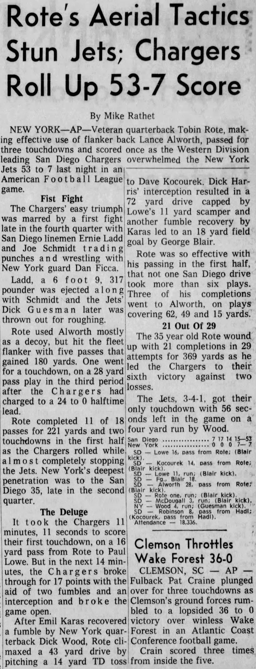Chargers 53-7 Jets, 3 Nov 1963