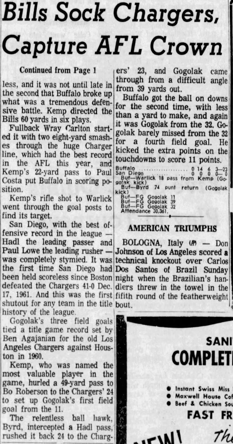 Chargers 0-23 Bills, 27 Dec 1965