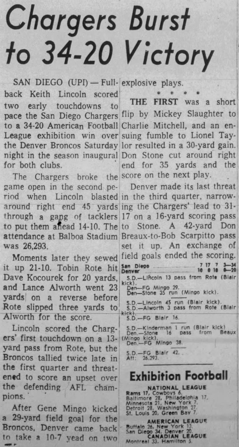 Chargers 34-20 Broncos, 9 Aug 1964