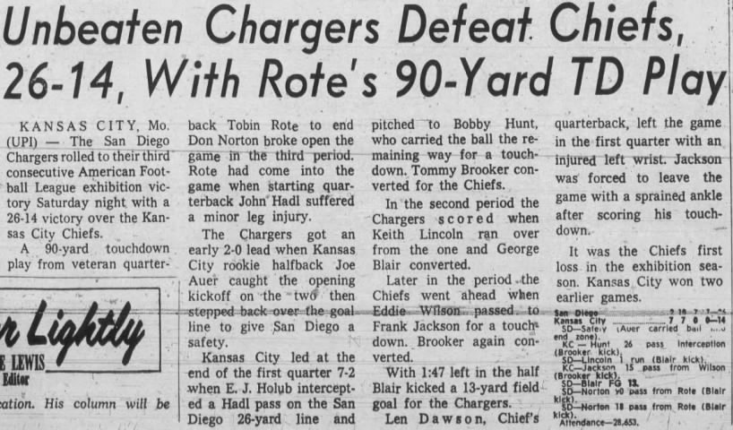 Chargers 26-14 Chiefs, 23 Aug 1964