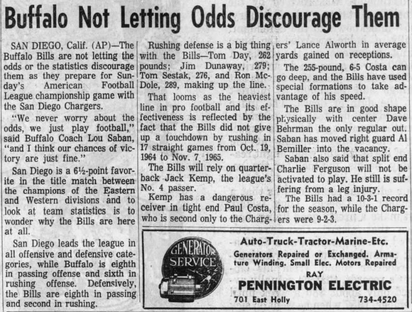 Chargers Bills preview II, 26 Dec 1965