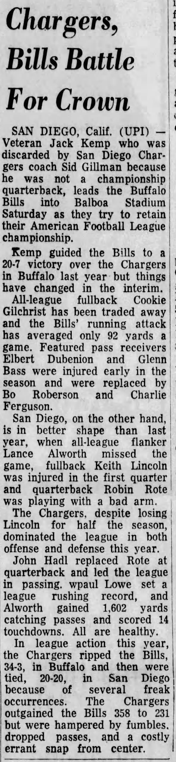 Chargers Bills preview I, 26 Dec 1965
