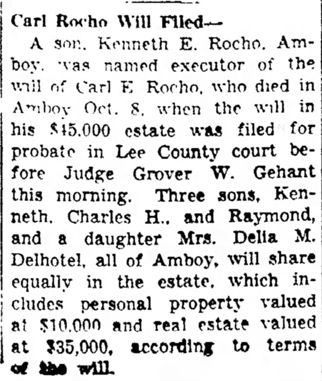 Rocho, Carl E probate-may be related Dixon Evening Telgraph 14Oct1948 Illinois