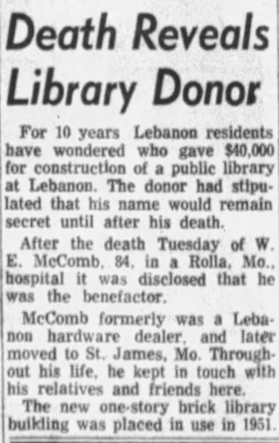 W E McComb found to be library donor after his death