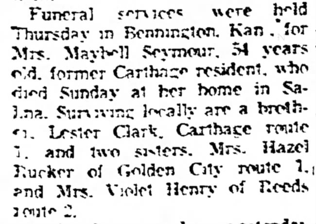 Seymour, Maybelle Clark funeral news Joplin Globe 16Jul1955