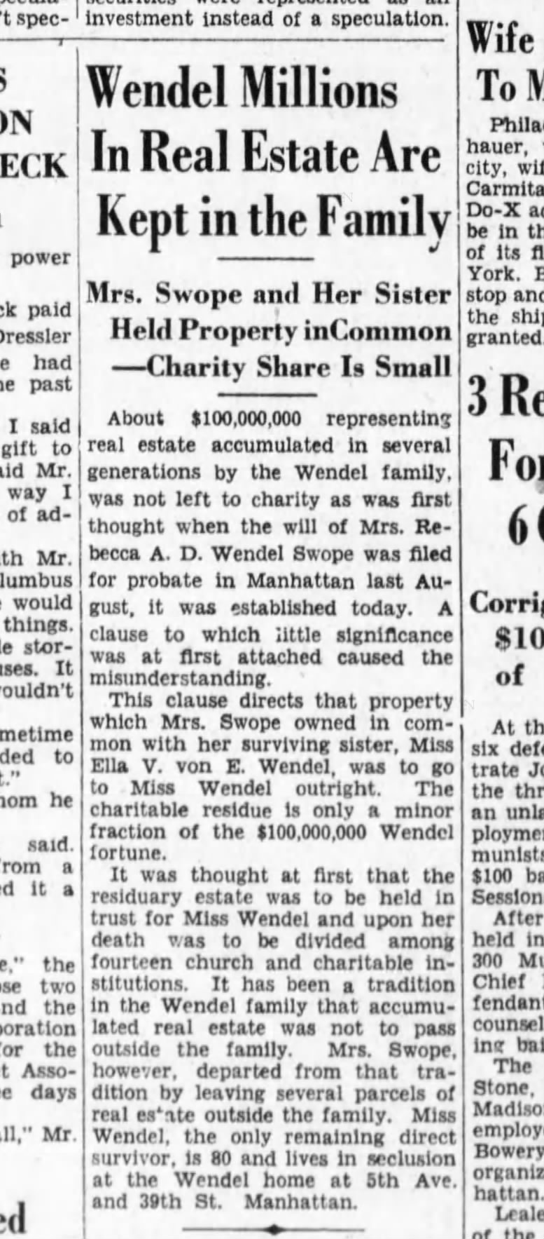 Wendel Millions Kept in Family, Brooklyn Daily Eagle, Oct 31, 1930, pg. 2