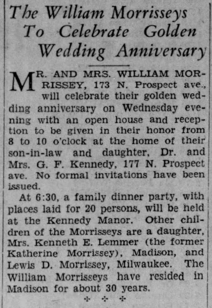 The William Morrisseys To Celebrate Golden Wedding Anniversry on 26 Jan 1938, Wed.