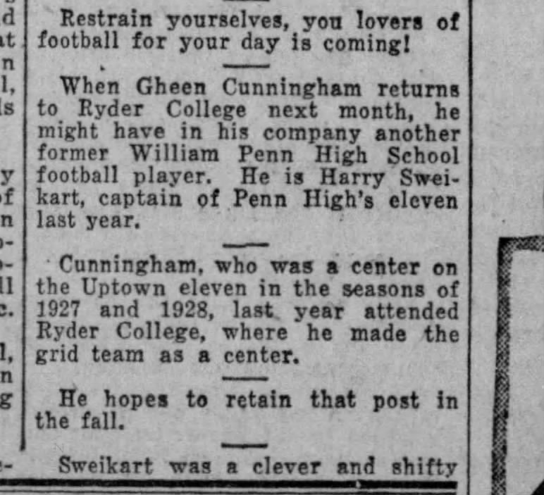 Gheen Cunningham at Rider College-Harrisburg news article regarding him as a center on the football 