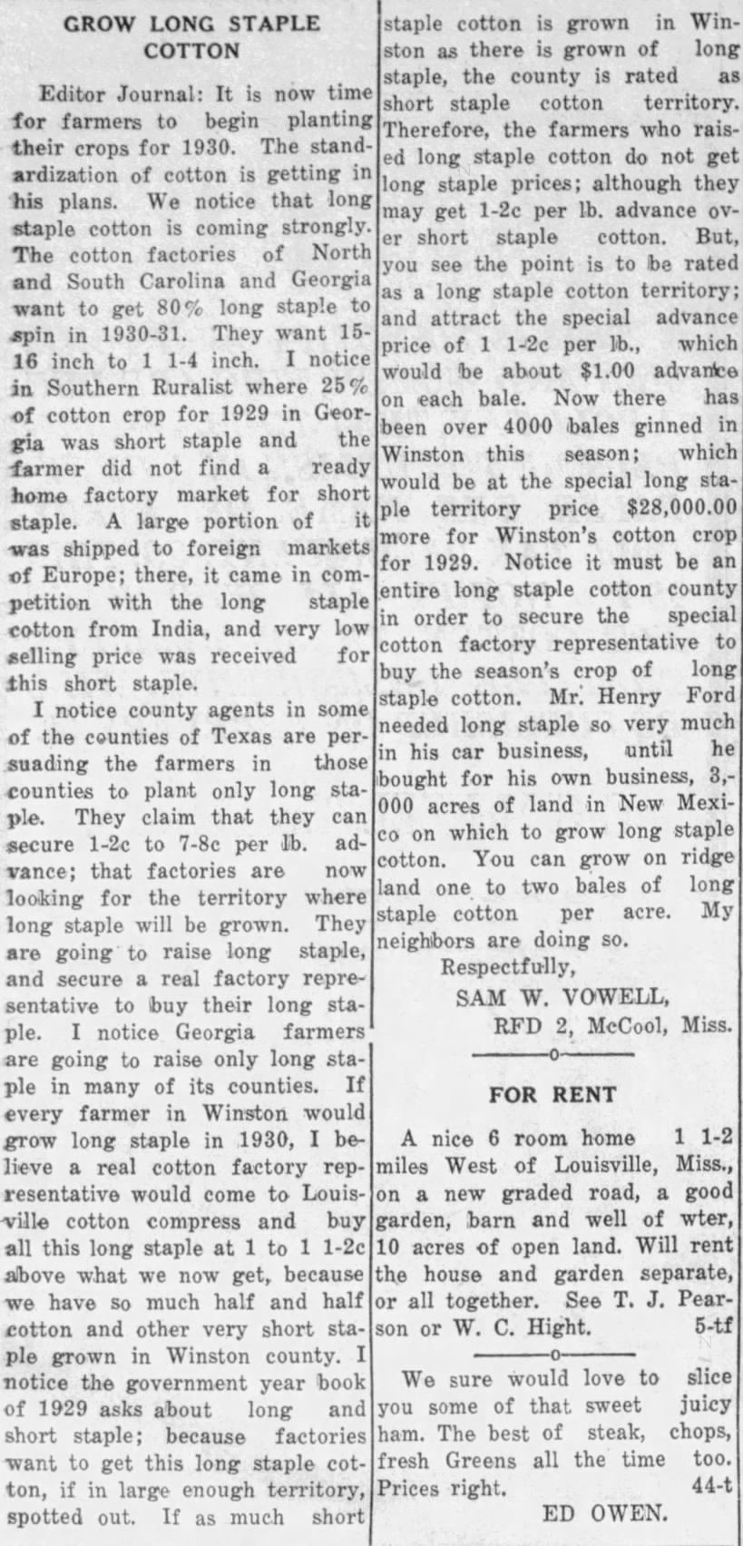 Sam Vowell Letter on Cotton
- 14 Feb 1930