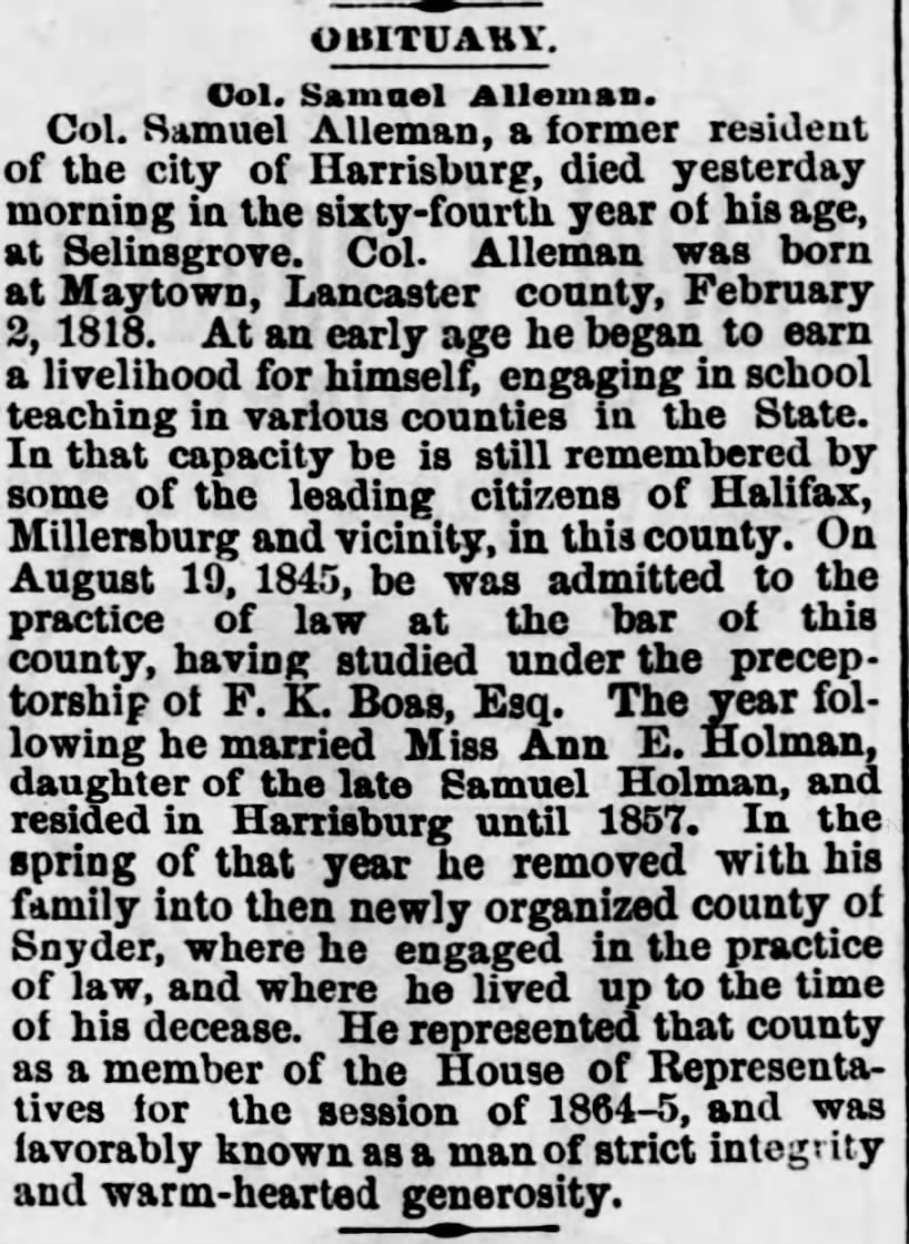 Samuel Alleman Obit, Harrisburg Telegraph, 1 March 1881