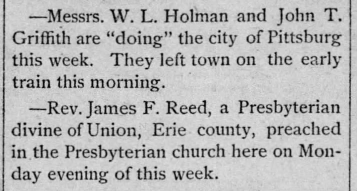 W. L, Holman visits Pittsburg.