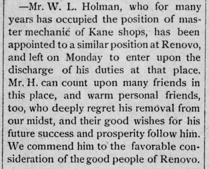 W. L. Holman moves from Kane shops to Renovo shops