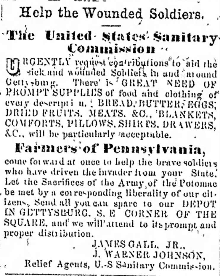 Help the Wounded Soldiers.  The Adams Sentinel (Gettysburg, Pennsylvania) 21 July 1863