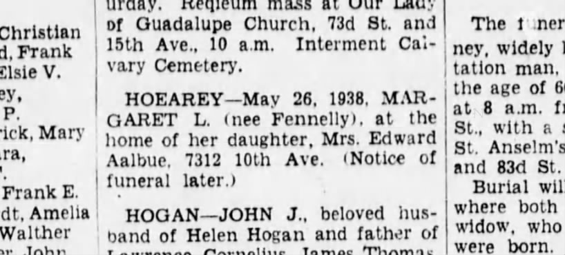 Grandma Hoeary, Death Notice, Eagle May 27, 1938