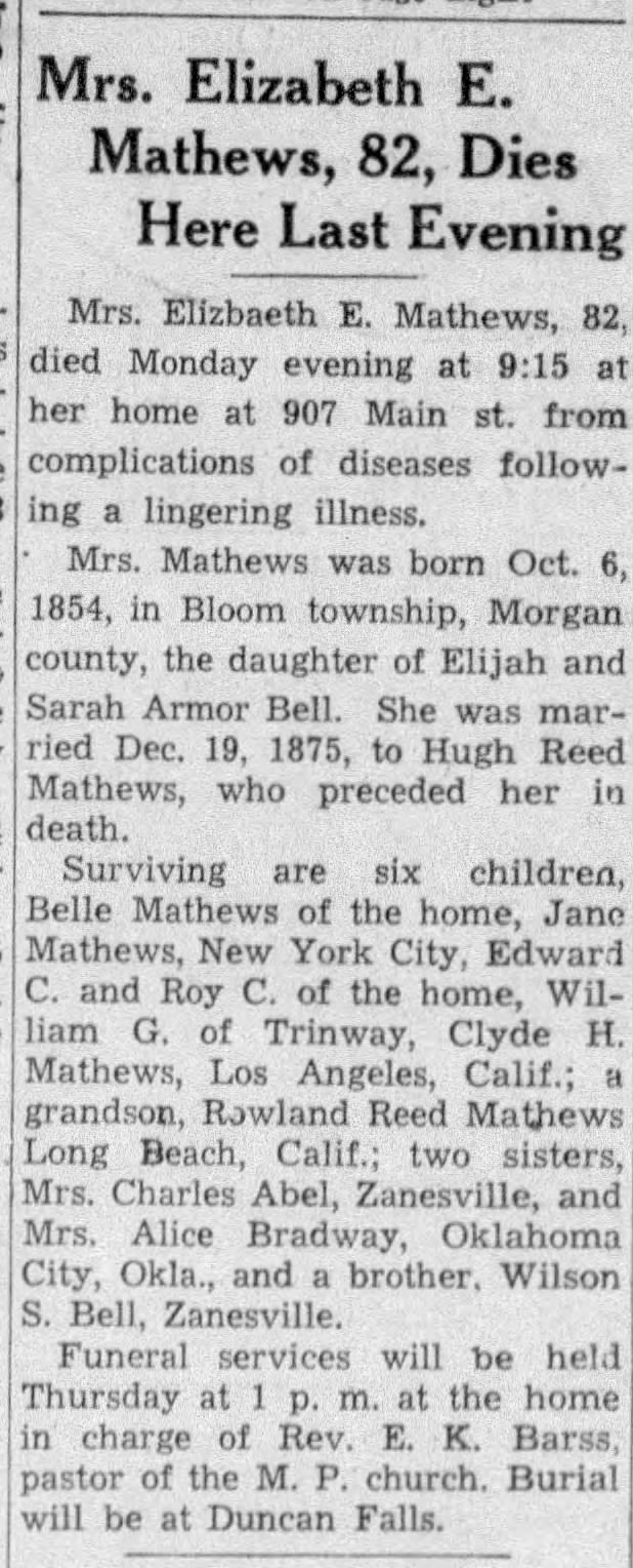 Elizabeth Mathews Obit 12 - 1 - 1936