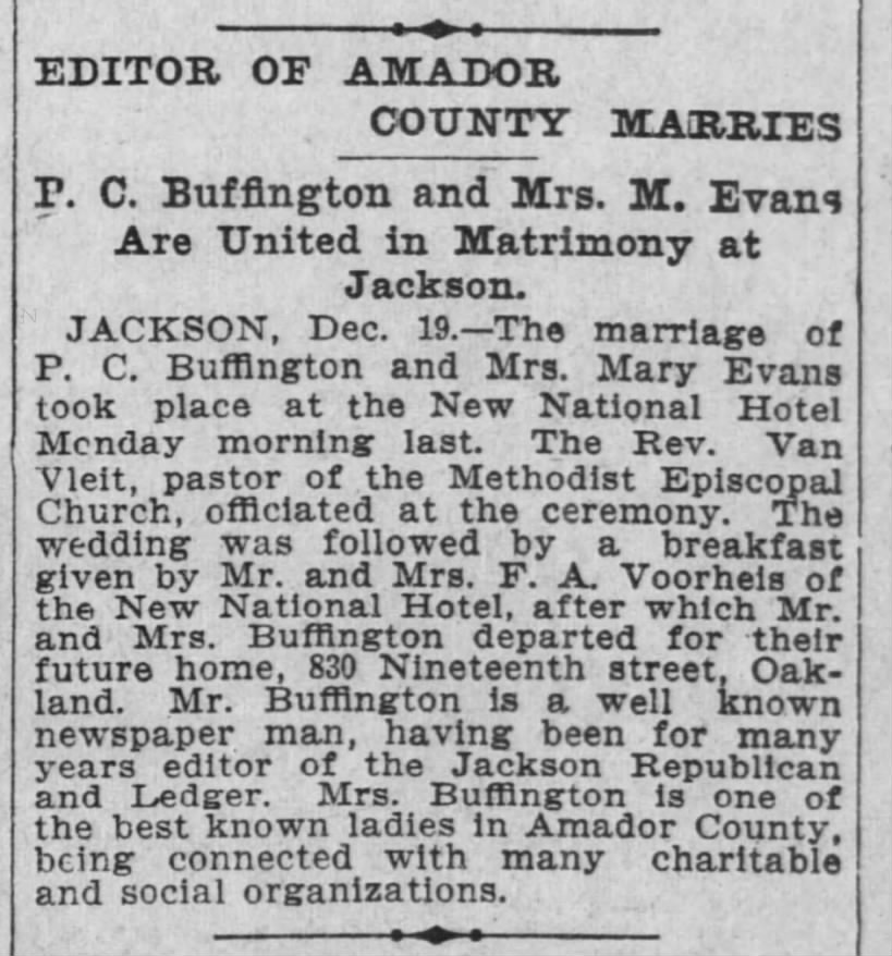 Marriage of PC Buffington & Mary Evans
The San Francisco Call, 20 Dec 1901, p12.