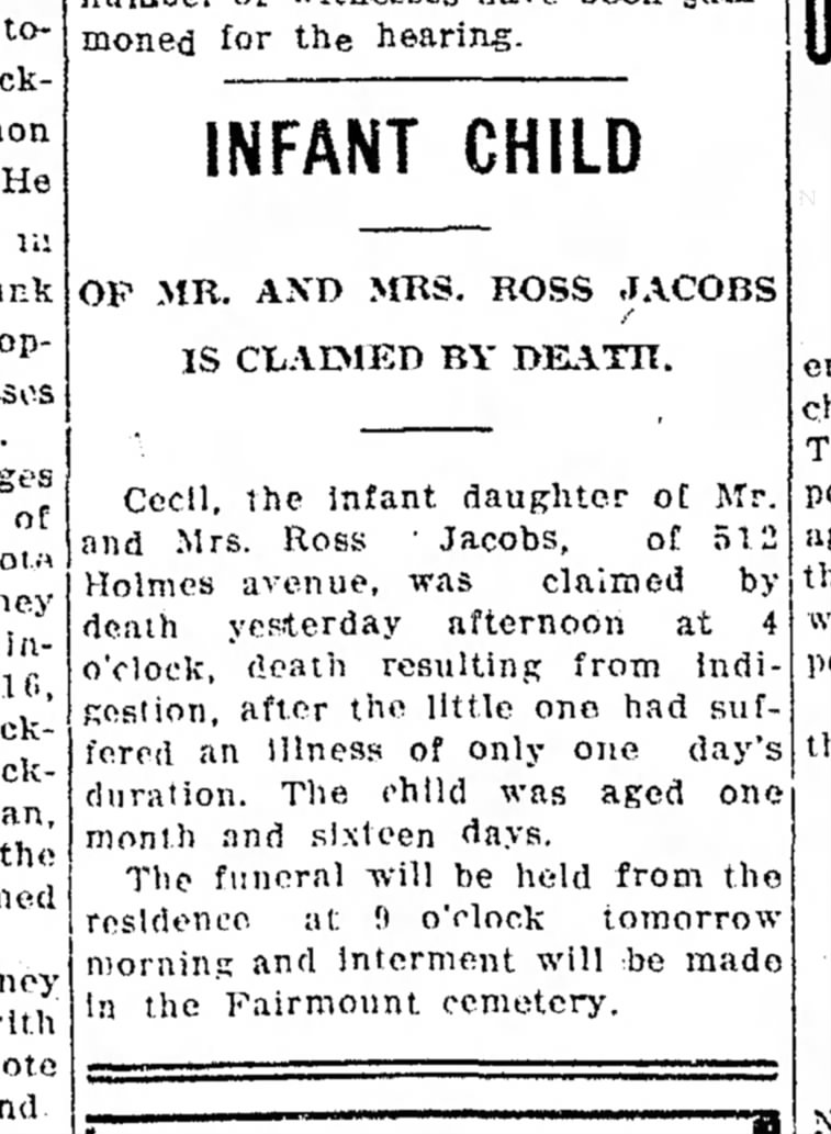 Lima News Thursday Dec 7 1911 infant son of Ross and Fern Jacobs dies.