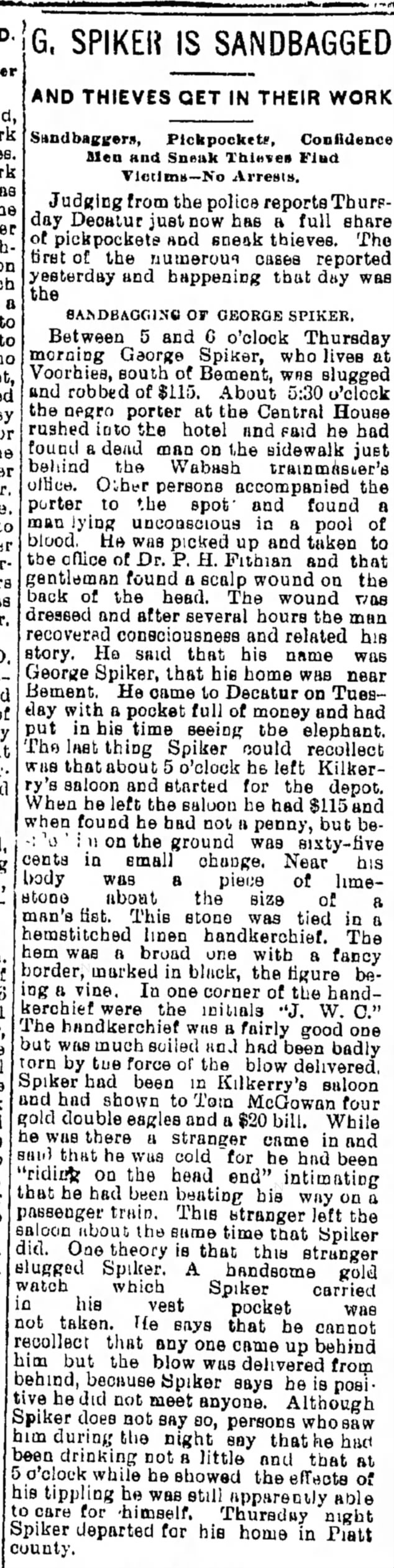 Geroge Spiker Voorhies S of  Bement Platt Co IL Herald-Despatch(Decator IL)27 Oct 1894