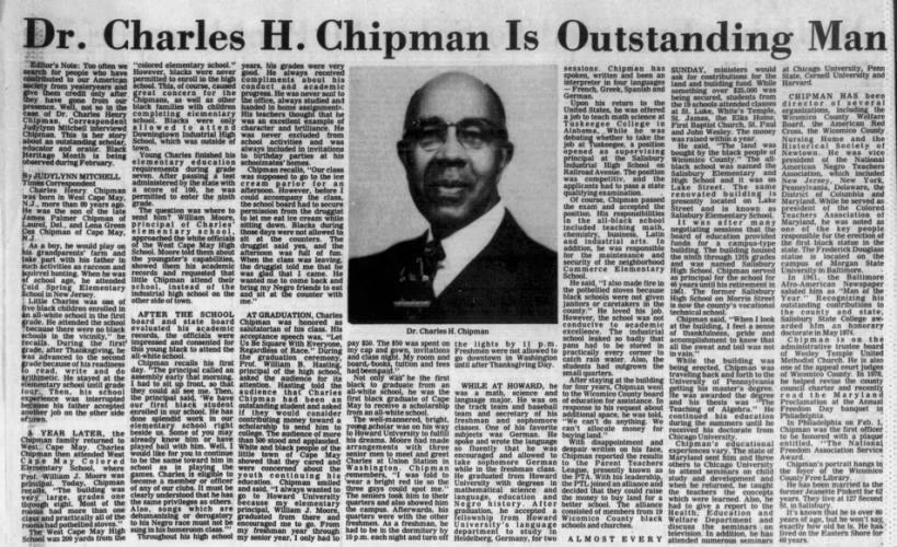 Article discussing Charles Chipman had details about West Cape may schools in the segregation era