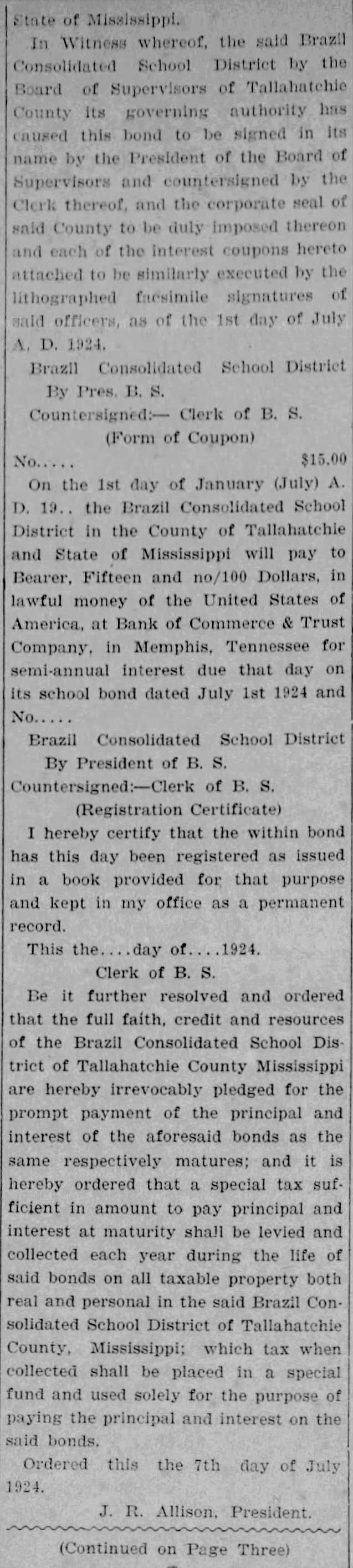 For Brazil, Mississippi (to prove existence of former school district in the 1920s)