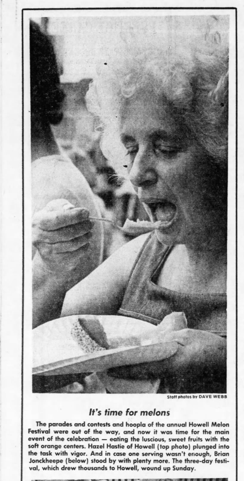 Hazel Hastie tasting melons at annual festival Lansing State Journal Aug 28, 1978