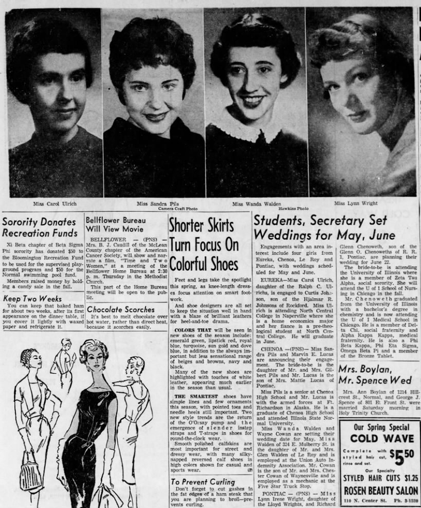 Wanda Walden & Wayne Cowan, The Pantagraph, Bloomington, Illinois, Sunday, April 27, 1958, Page 24