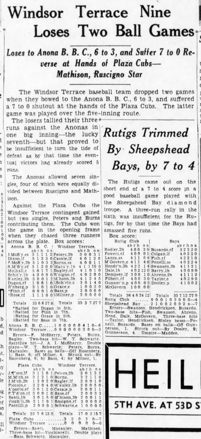 1938 apparently Windsor terrace had its own baseball team