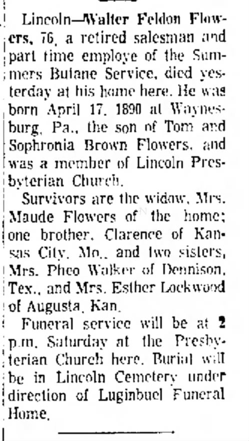Walter Feldon Flowers Obituary
Northwest Arkansas Times, Fayetteville, Arkansas
13 May 1966