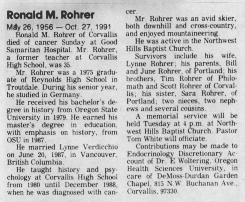 Ronald M. Rohrer Obituary