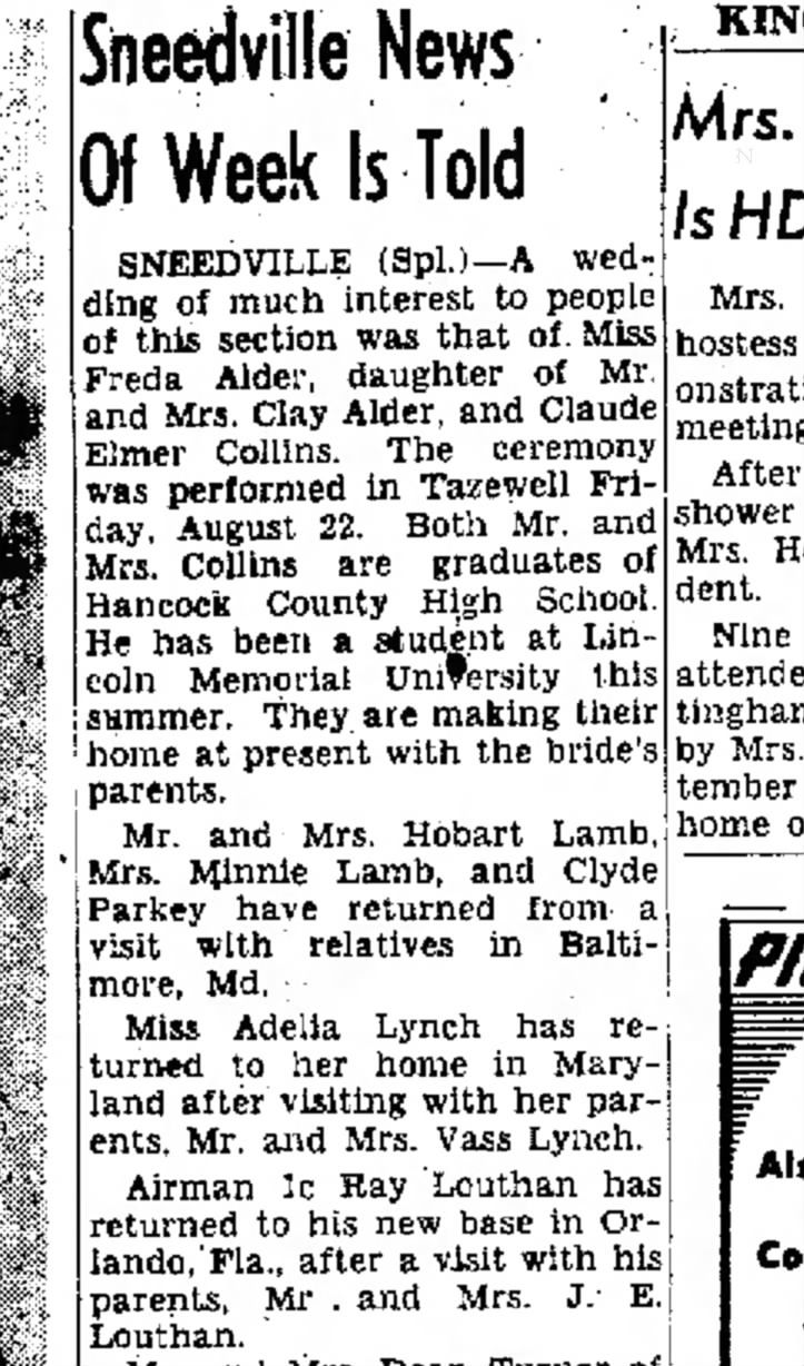 Ray Louthan visits parents 3 Sep 1952, Weds., Kingsport Times (Kingsport, Tennessee