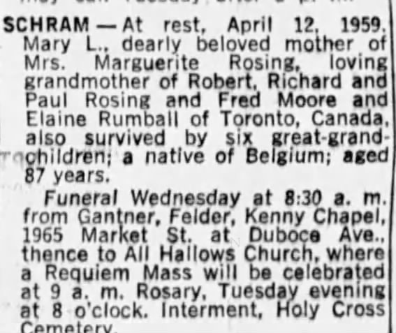 Obituary for Mary L. SCHRAM