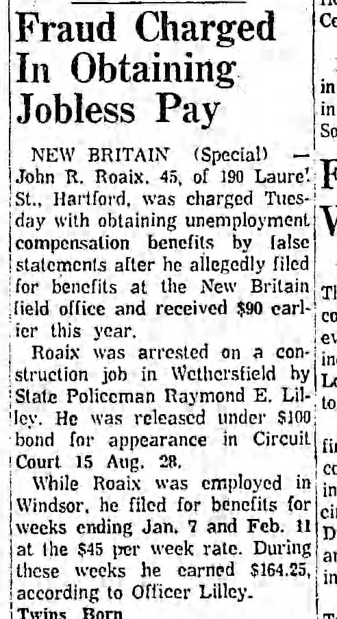 1961-08 (Aug) 16 Hartford Courant Fraud Charge Jobless Pay John R Roaix