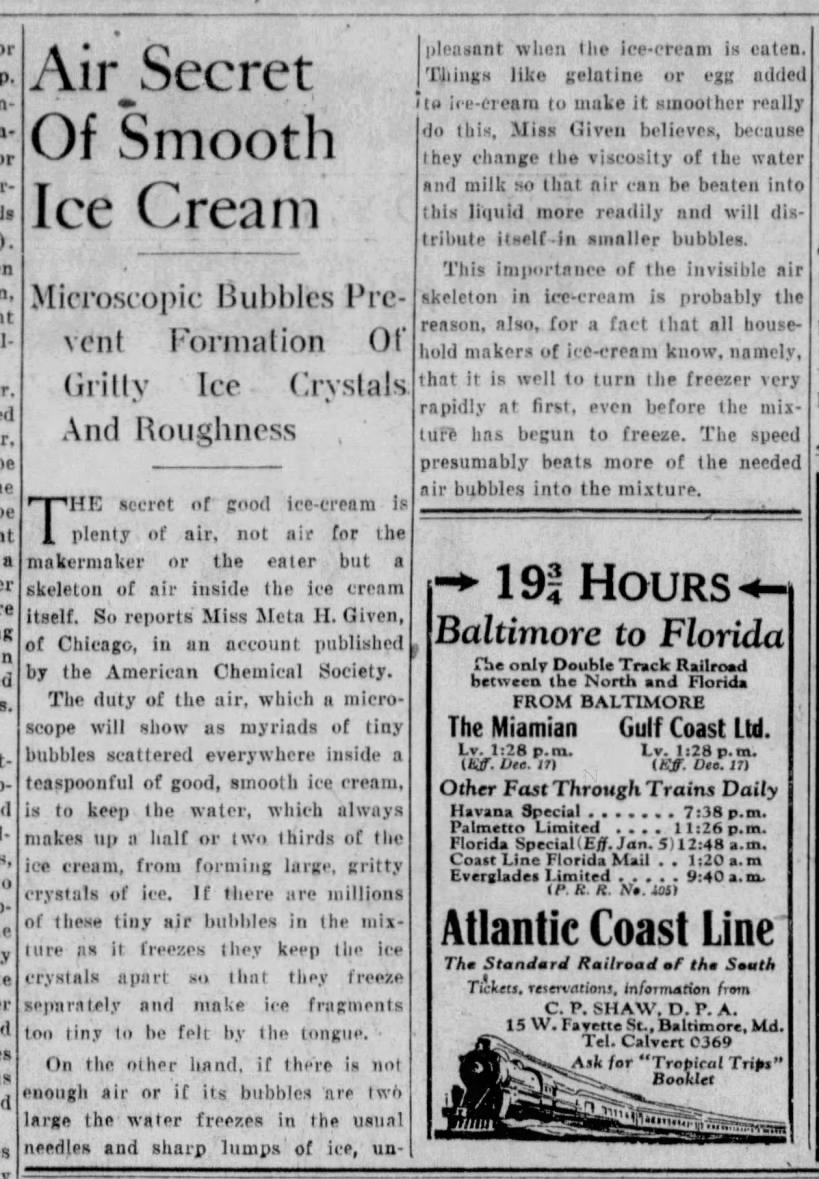 1928-12 (Dec) 09 Baltimore Sun MD summation of the ice cream scientific paper