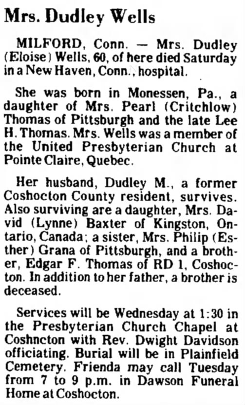Eloise Thomas Wells obituary