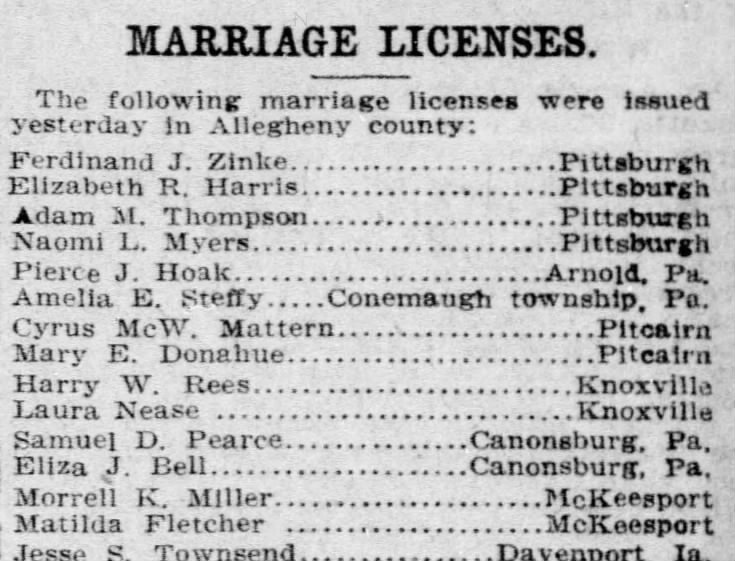Matilda Fletcher and Morrell Hensley Miller marriage license announcement
