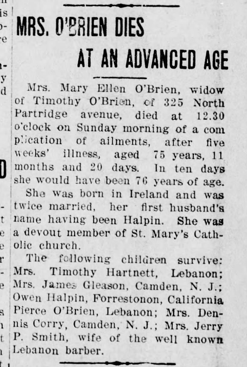 Mrs O'Brien's obituary 11 Mar 1913