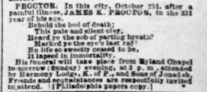 Obituary of James K Proctor  from the 24 Oct 1874 edition of the Evening Star