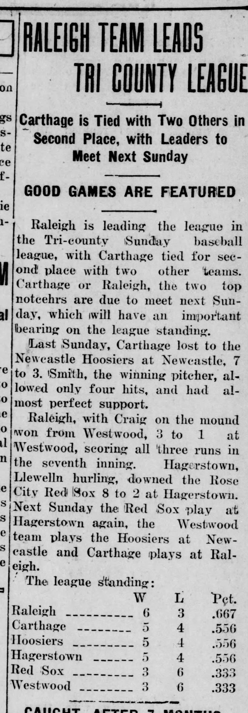 Tri County League Carthage moves to 2nd. 1926